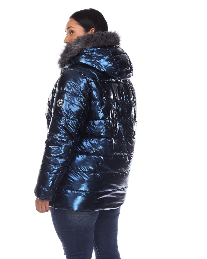 Metallic Puffer Coat with Hoodie Navy